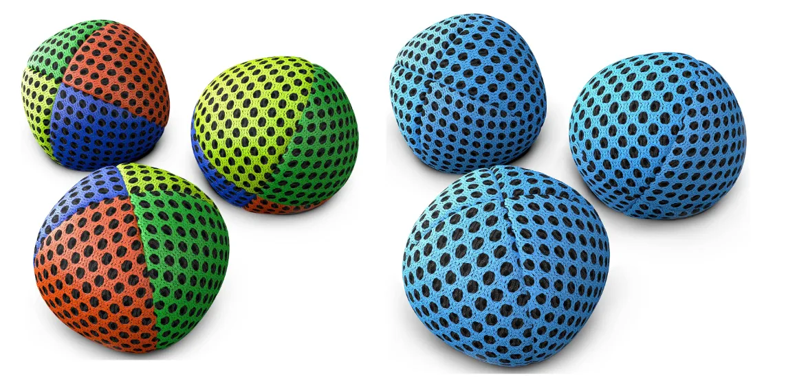 Photo of 6 Hybrid Juggling Balls, 3 multi colour and 3 blue/black