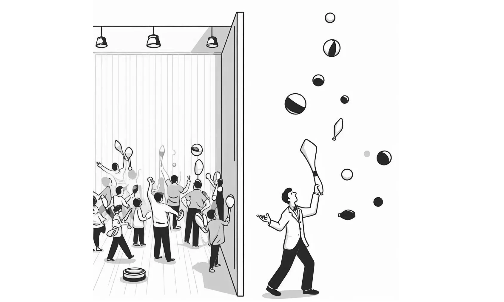 illustration showing a room packed with people comparing to a room with only 1 person and more space